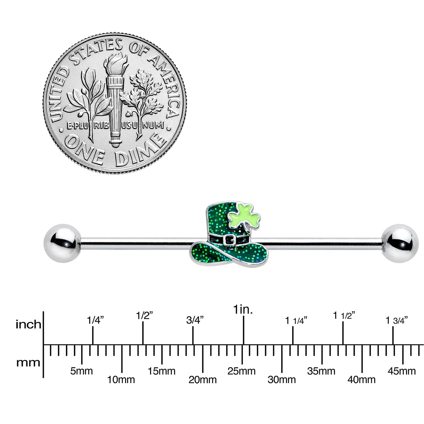 14G Glitter Top Hat Shamrock St Patricks Industrial Barbell 38mm