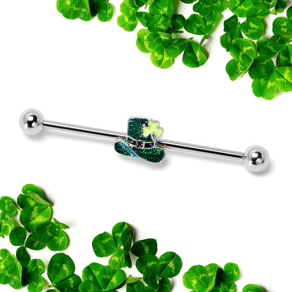14G Glitter Top Hat Shamrock St Patricks Industrial Barbell 38mm