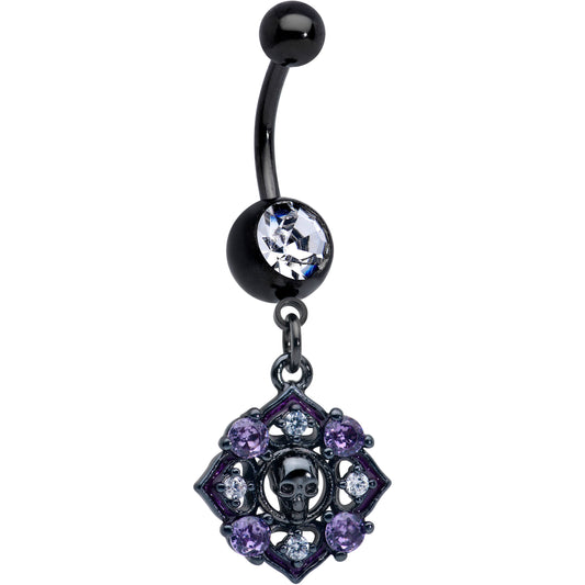 Clear Purple Gem Black Skull Circle Dangle Belly Ring