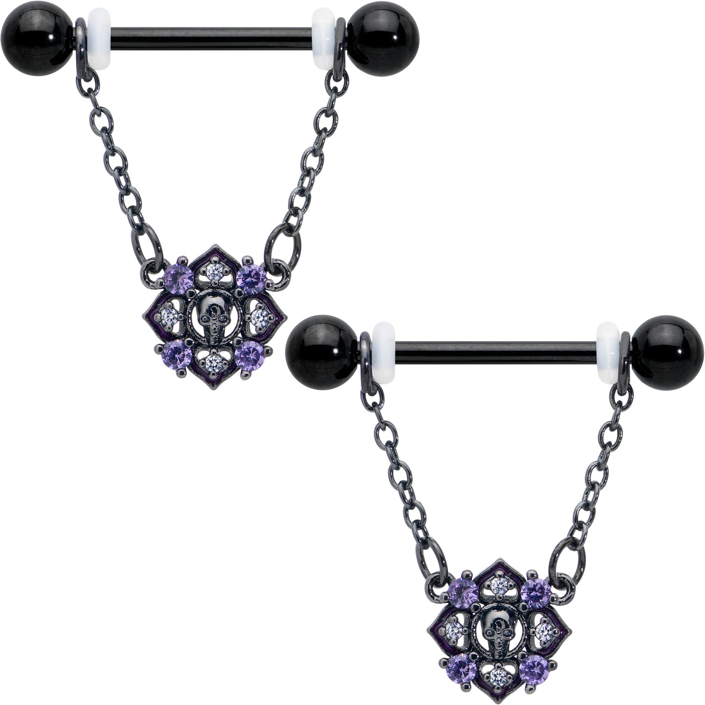 14G 9/16 Purple Gem Black Skull Circle Chain Dangle Nipple Ring Set