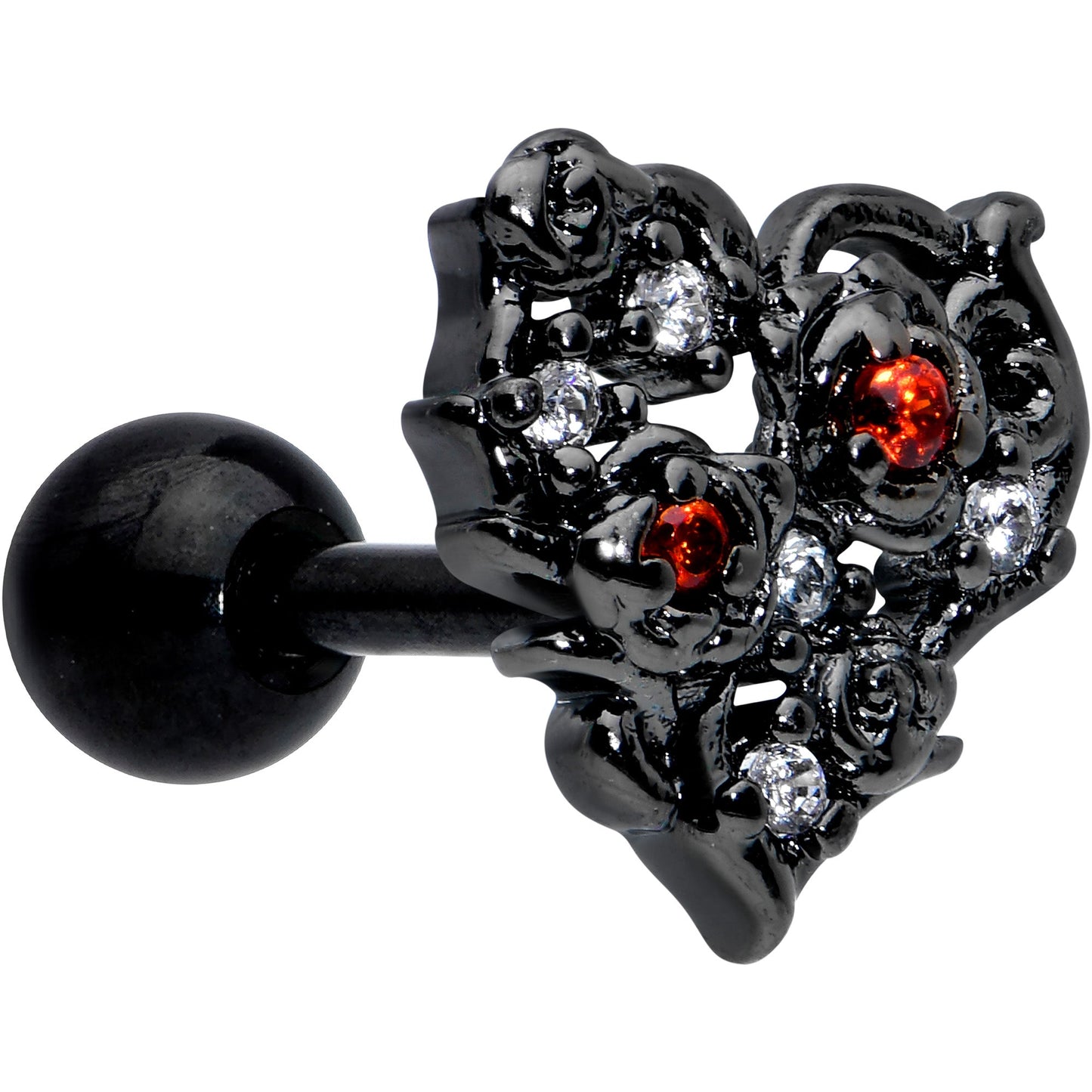 16G 1/4 Clear Red CZ Gem Black Floral Heart Cartilage Earring