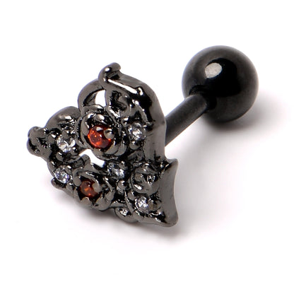 16G 1/4 Clear Red CZ Gem Black Floral Heart Cartilage Earring