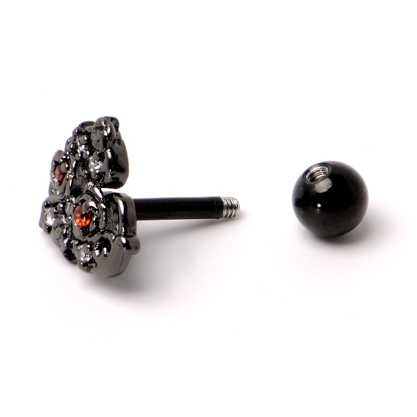 16G 1/4 Clear Red CZ Gem Black Floral Heart Cartilage Earring