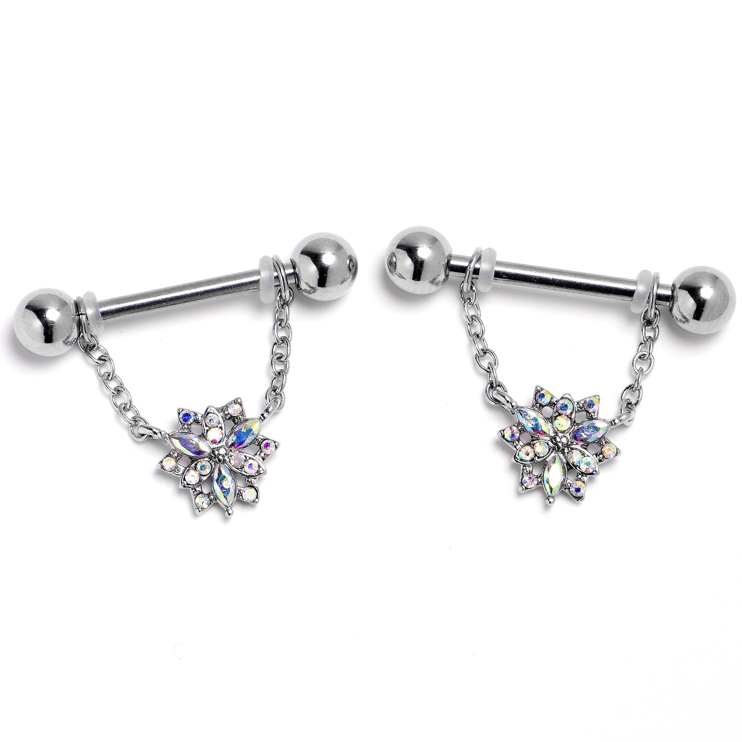 14G 9/16 Aurora Gem Snowflake Style Chain Dangle Nipple Ring Set