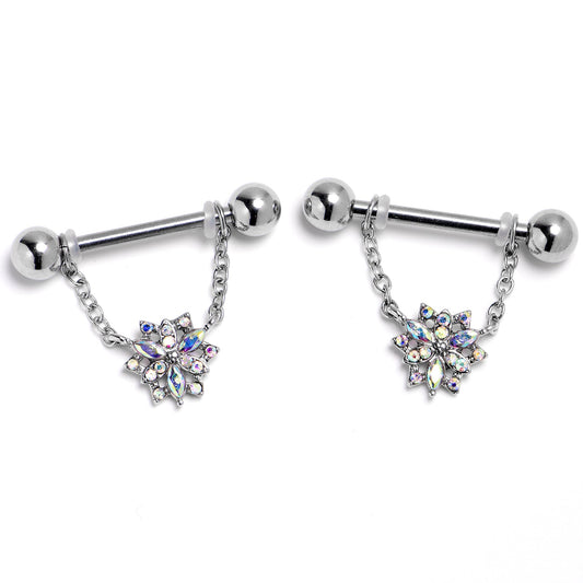 14G 9/16 Aurora Gem Snowflake Style Chain Dangle Nipple Ring Set
