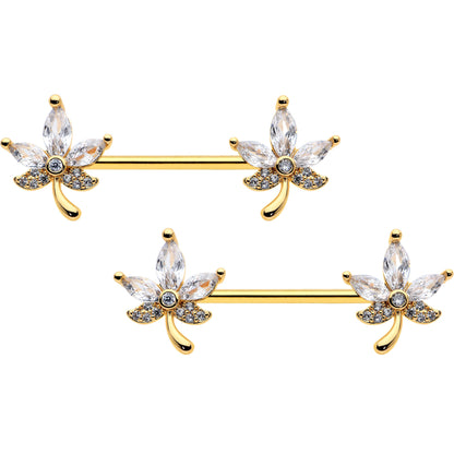 14G 3/4 Clear CZ Gem Gold Tone Pot Leaf Barbell Nipple Ring Set
