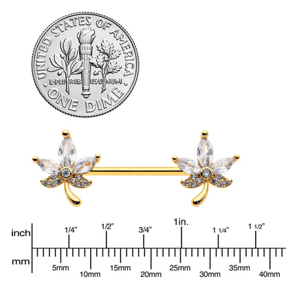 14G 3/4 Clear CZ Gem Gold Tone Pot Leaf Barbell Nipple Ring Set