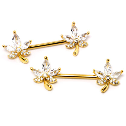 14G 3/4 Clear CZ Gem Gold Tone Pot Leaf Barbell Nipple Ring Set