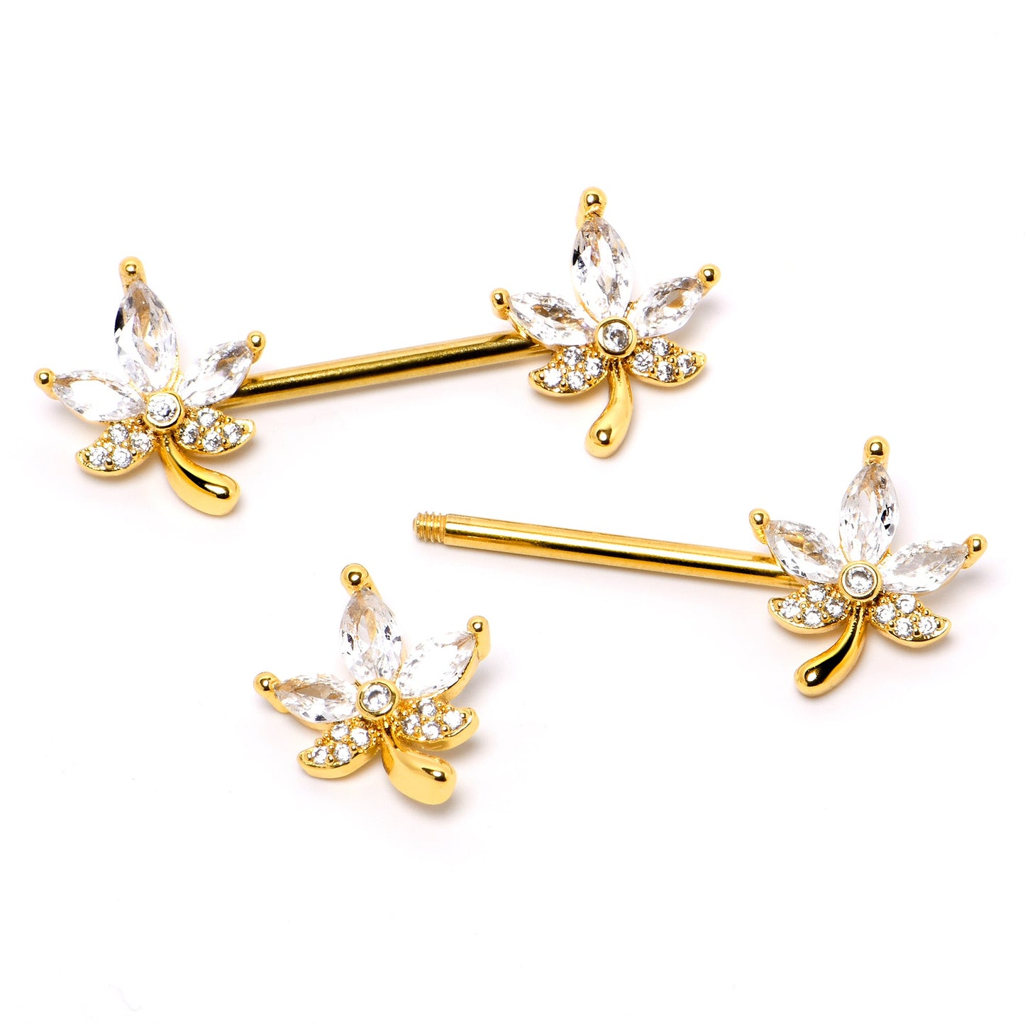 14G 3/4 Clear CZ Gem Gold Tone Pot Leaf Barbell Nipple Ring Set