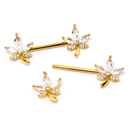 14G 3/4 Clear CZ Gem Gold Tone Pot Leaf Barbell Nipple Ring Set