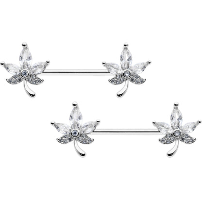 14G 3/4 Clear CZ Gem Pot Leaf Barbell Nipple Ring Set