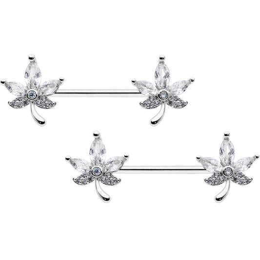 14G 3/4 Clear CZ Gem Pot Leaf Barbell Nipple Ring Set
