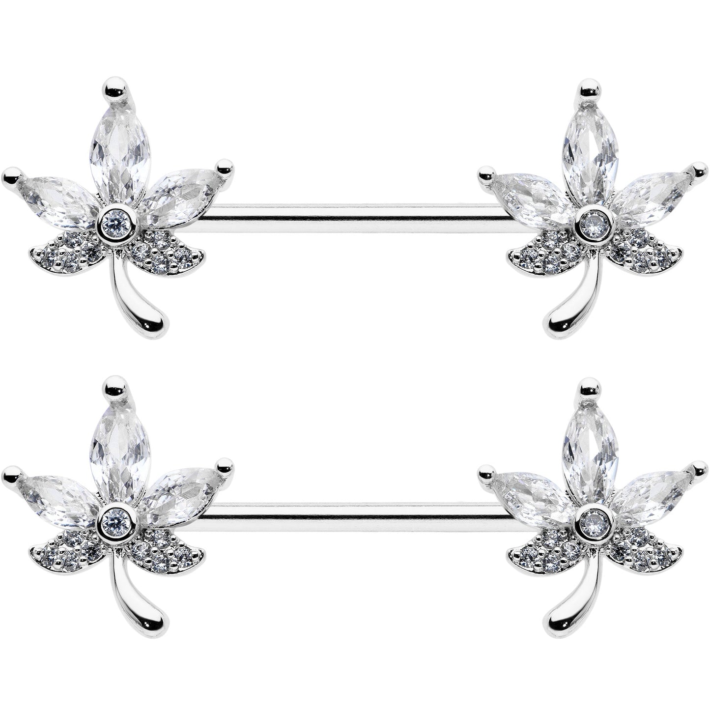 14G 3/4 Clear CZ Gem Pot Leaf Barbell Nipple Ring Set