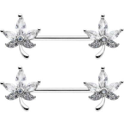 14G 3/4 Clear CZ Gem Pot Leaf Barbell Nipple Ring Set