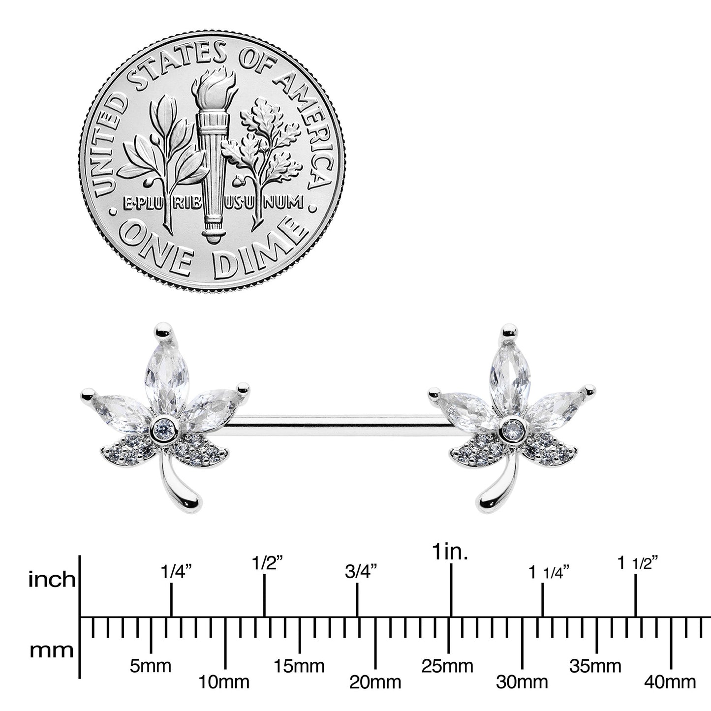 14G 3/4 Clear CZ Gem Pot Leaf Barbell Nipple Ring Set