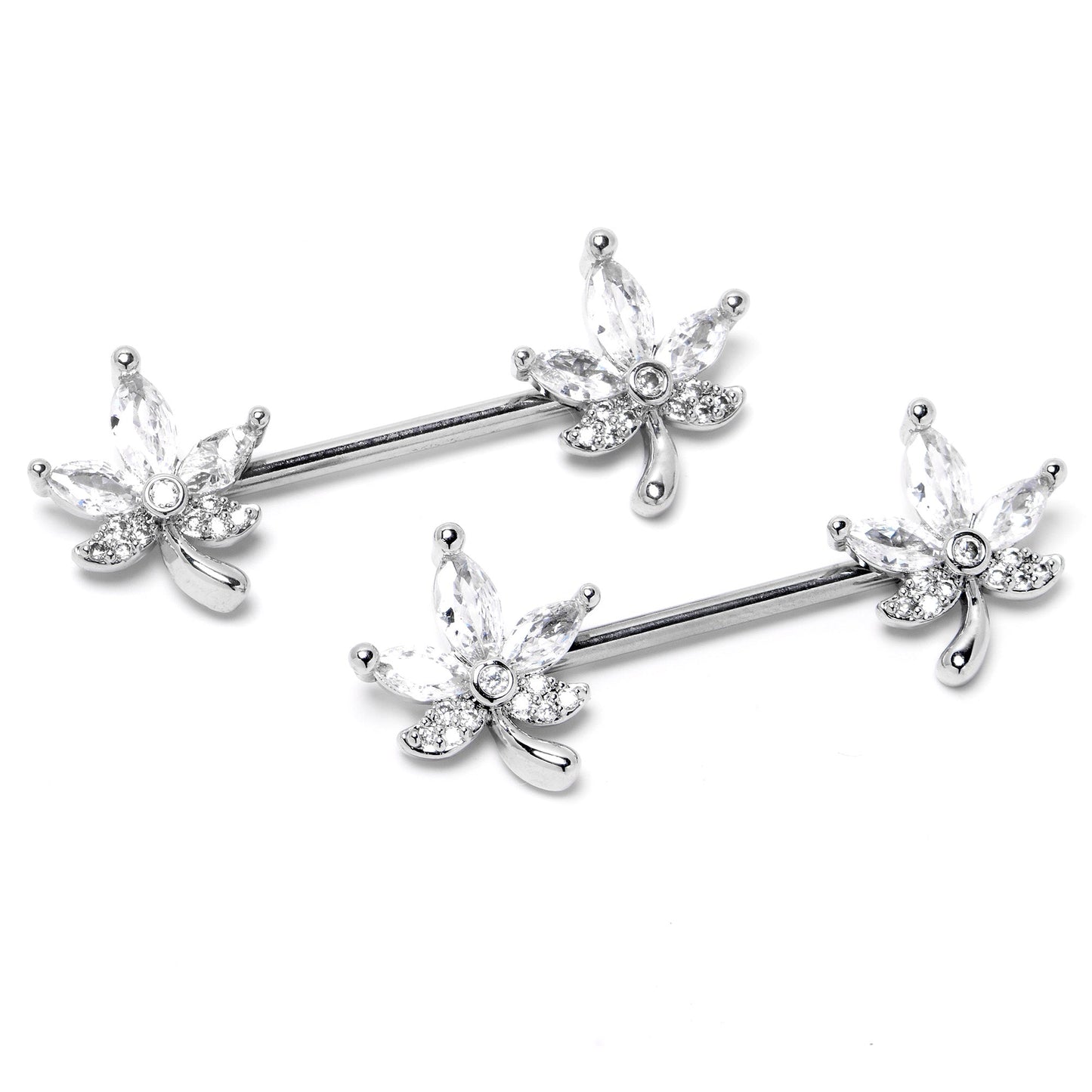 14G 3/4 Clear CZ Gem Pot Leaf Barbell Nipple Ring Set