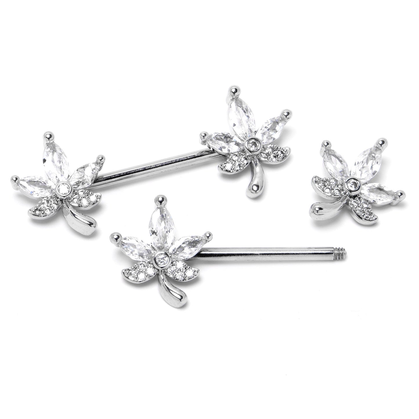 14G 3/4 Clear CZ Gem Pot Leaf Barbell Nipple Ring Set