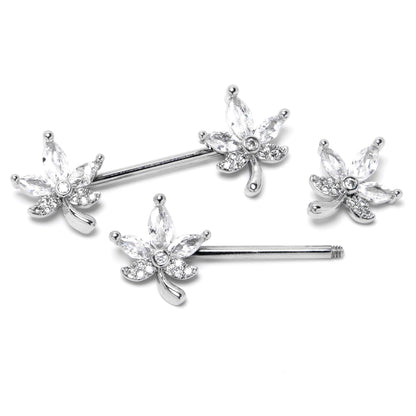 14G 3/4 Clear CZ Gem Pot Leaf Barbell Nipple Ring Set