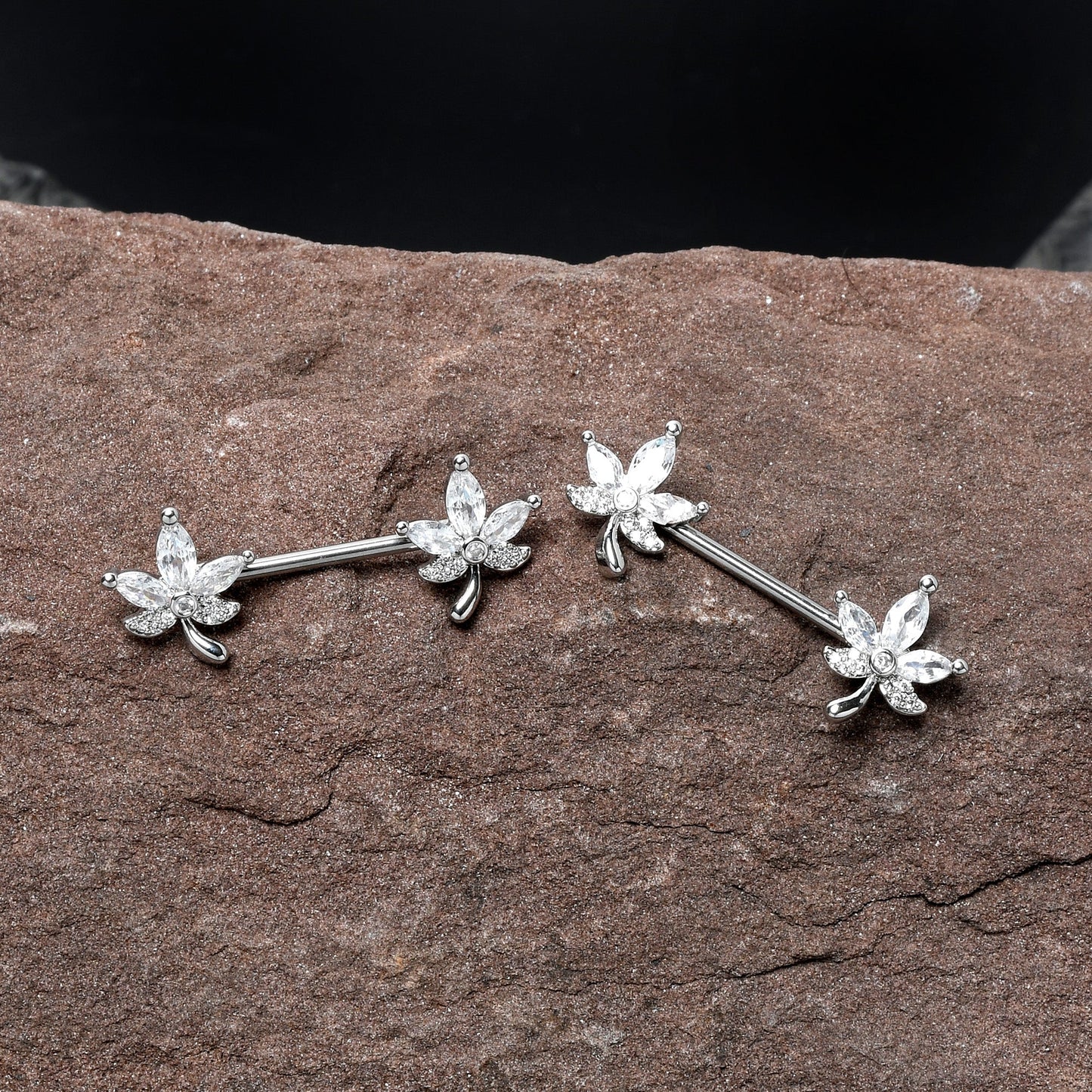 14G 3/4 Clear CZ Gem Pot Leaf Barbell Nipple Ring Set