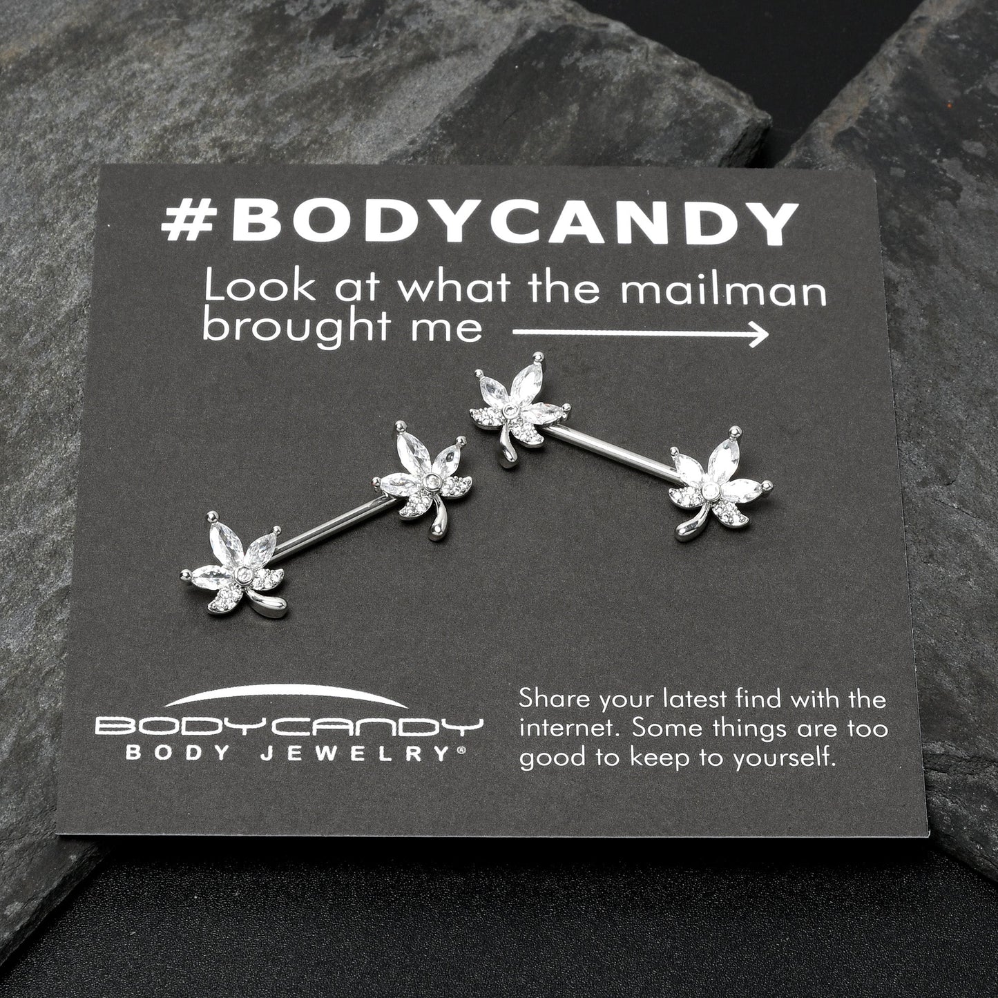 14G 3/4 Clear CZ Gem Pot Leaf Barbell Nipple Ring Set