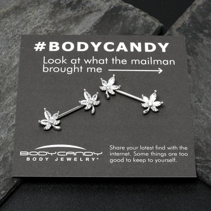 14G 3/4 Clear CZ Gem Pot Leaf Barbell Nipple Ring Set