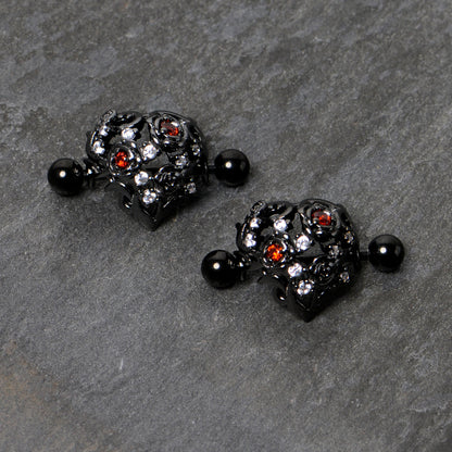 14G 9/16 Red Clear CZ Gem Black Floral Heart Nipple Shield Set