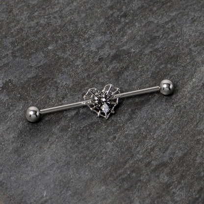 14G Clear CZ Gem Heart of Spider Industrial Barbell 38mm