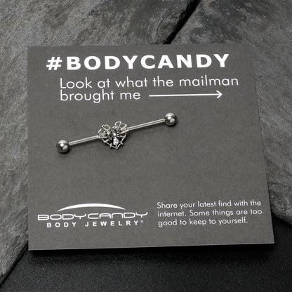 14G Clear CZ Gem Heart of Spider Industrial Barbell 38mm