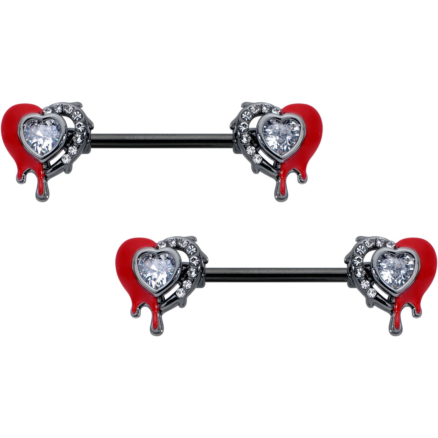 14G 9/16 Clear Gem Black Bleeding Heart Barbell Nipple Ring Set