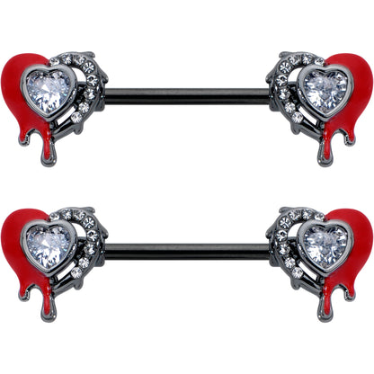 14G 9/16 Clear Gem Black Bleeding Heart Barbell Nipple Ring Set