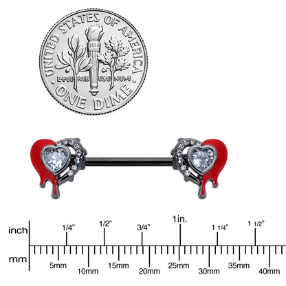 14G 9/16 Clear Gem Black Bleeding Heart Barbell Nipple Ring Set