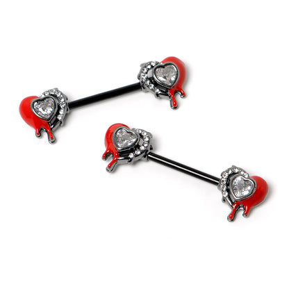 14G 9/16 Clear Gem Black Bleeding Heart Barbell Nipple Ring Set