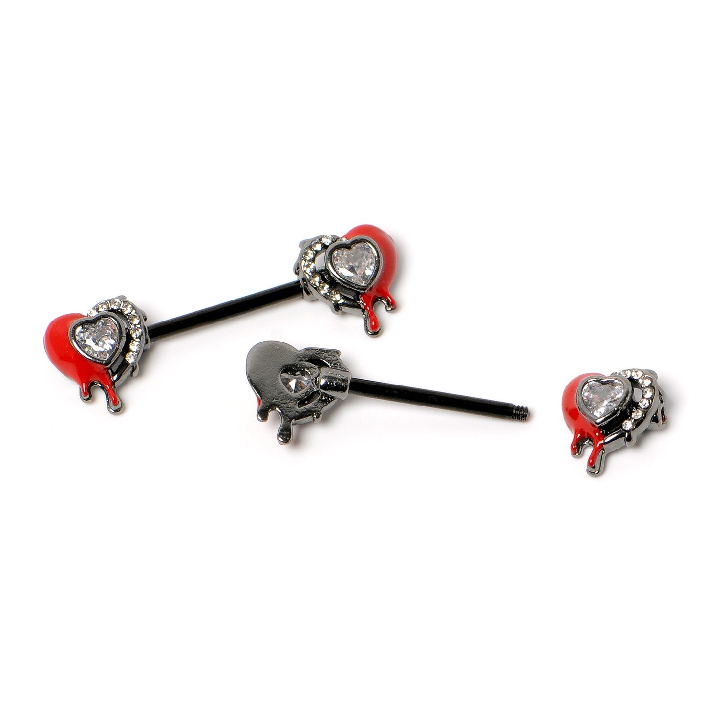 14G 9/16 Clear Gem Black Bleeding Heart Barbell Nipple Ring Set