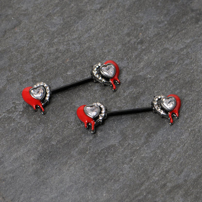 14G 9/16 Clear Gem Black Bleeding Heart Barbell Nipple Ring Set