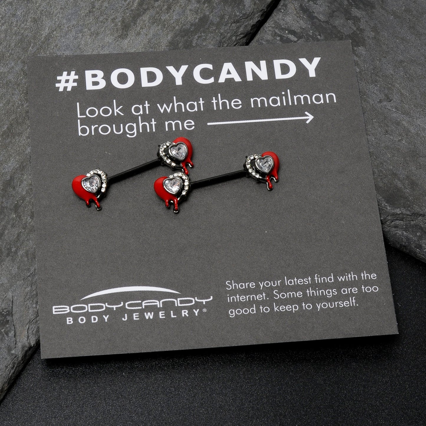 14G 9/16 Clear Gem Black Bleeding Heart Barbell Nipple Ring Set