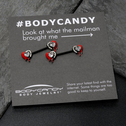 14G 9/16 Clear Gem Black Bleeding Heart Barbell Nipple Ring Set