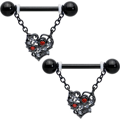14G 9/16 Red CZ Gem Black Floral Heart Chain Dangle Nipple Ring Set