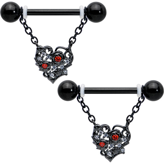14G 9/16 Red CZ Gem Black Floral Heart Chain Dangle Nipple Ring Set