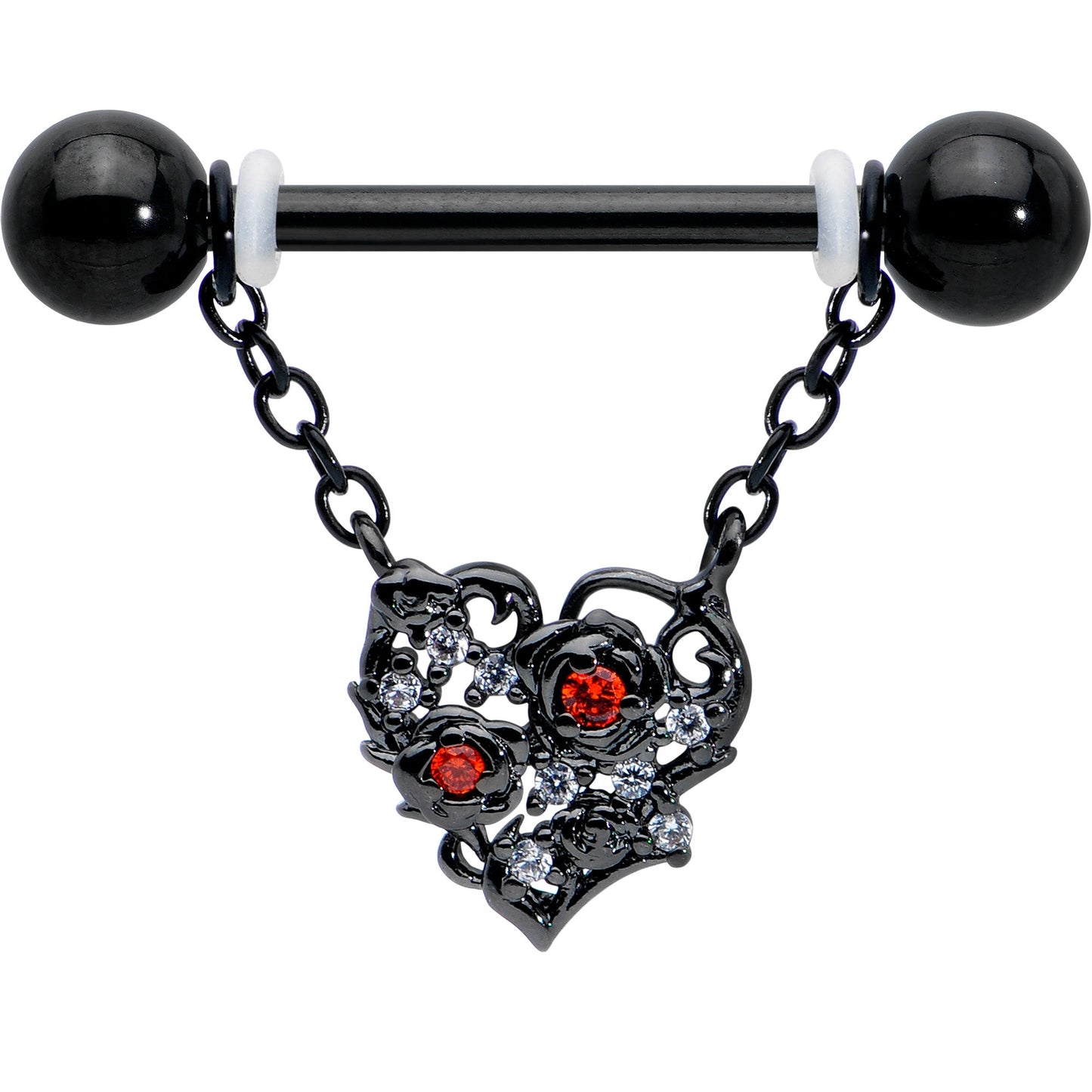 14G 9/16 Red CZ Gem Black Floral Heart Chain Dangle Nipple Ring Set