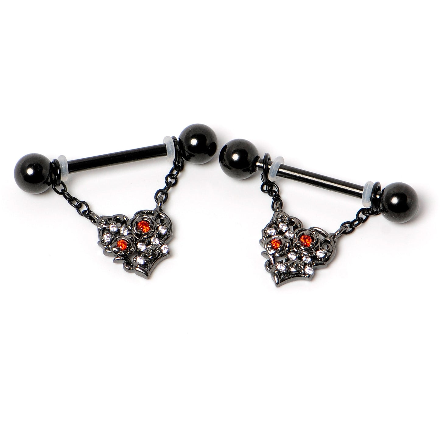 14G 9/16 Red CZ Gem Black Floral Heart Chain Dangle Nipple Ring Set