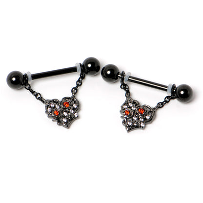 14G 9/16 Red CZ Gem Black Floral Heart Chain Dangle Nipple Ring Set