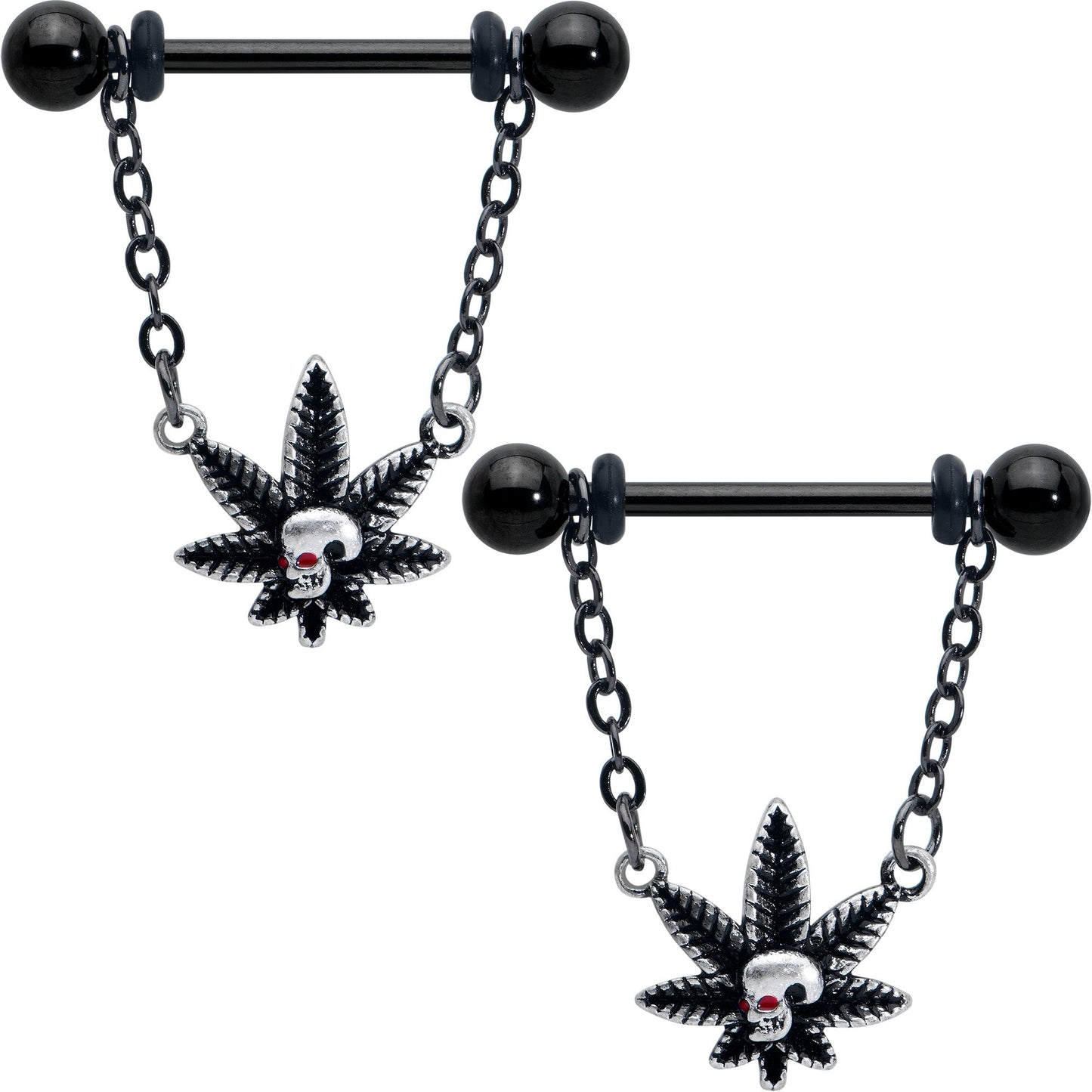14G 9/16 Red Gem Black Pot Leaf Skull Chain Dangle Nipple Ring Set