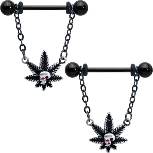 14G 9/16 Red Gem Black Pot Leaf Skull Chain Dangle Nipple Ring Set