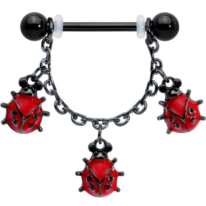 14G 9/16 Black Classic Ladybug Dangle Nipple Ring Set