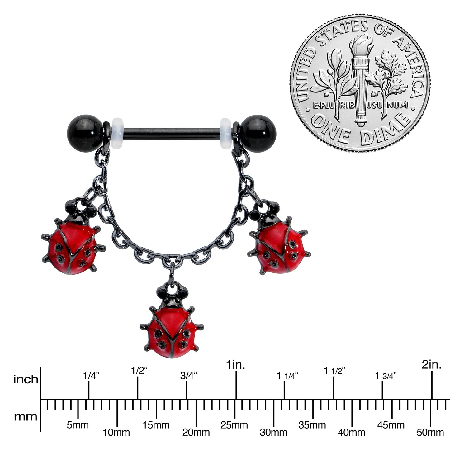 14G 9/16 Black Classic Ladybug Dangle Nipple Ring Set