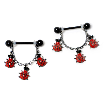 14G 9/16 Black Classic Ladybug Dangle Nipple Ring Set