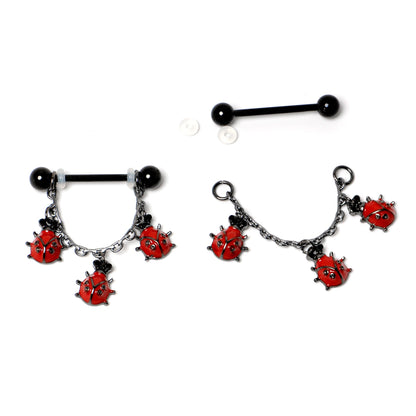 14G 9/16 Black Classic Ladybug Dangle Nipple Ring Set