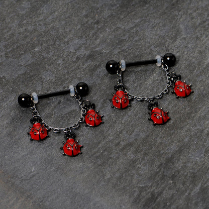 14G 9/16 Black Classic Ladybug Dangle Nipple Ring Set
