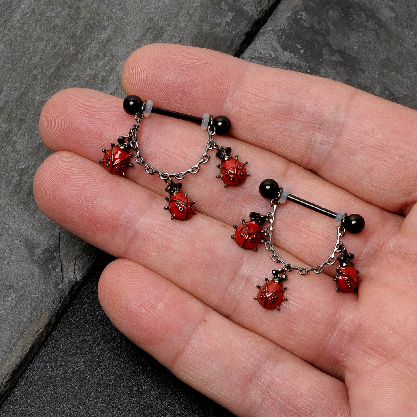 14G 9/16 Black Classic Ladybug Dangle Nipple Ring Set