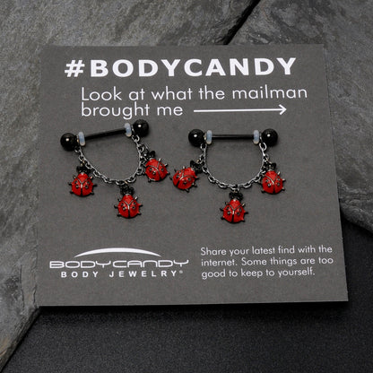 14G 9/16 Black Classic Ladybug Dangle Nipple Ring Set